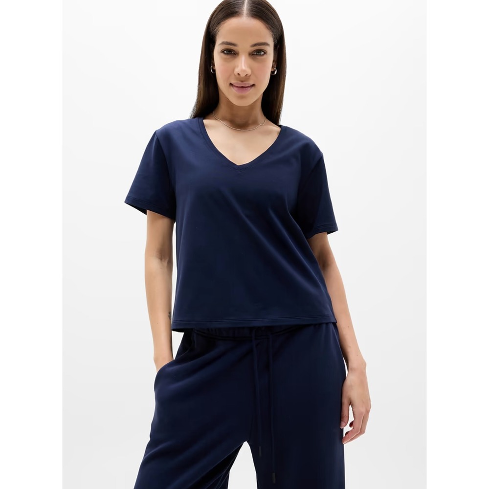 Athleta Essential V-Neck Tee Shirt Navy Blue Supima Cotton Stretch Top Medium